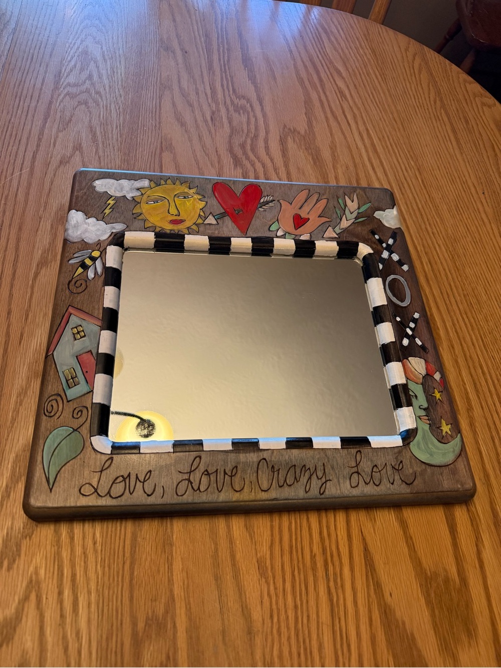 Hand-Painted Love Wood Wall Mirror in Multicolor